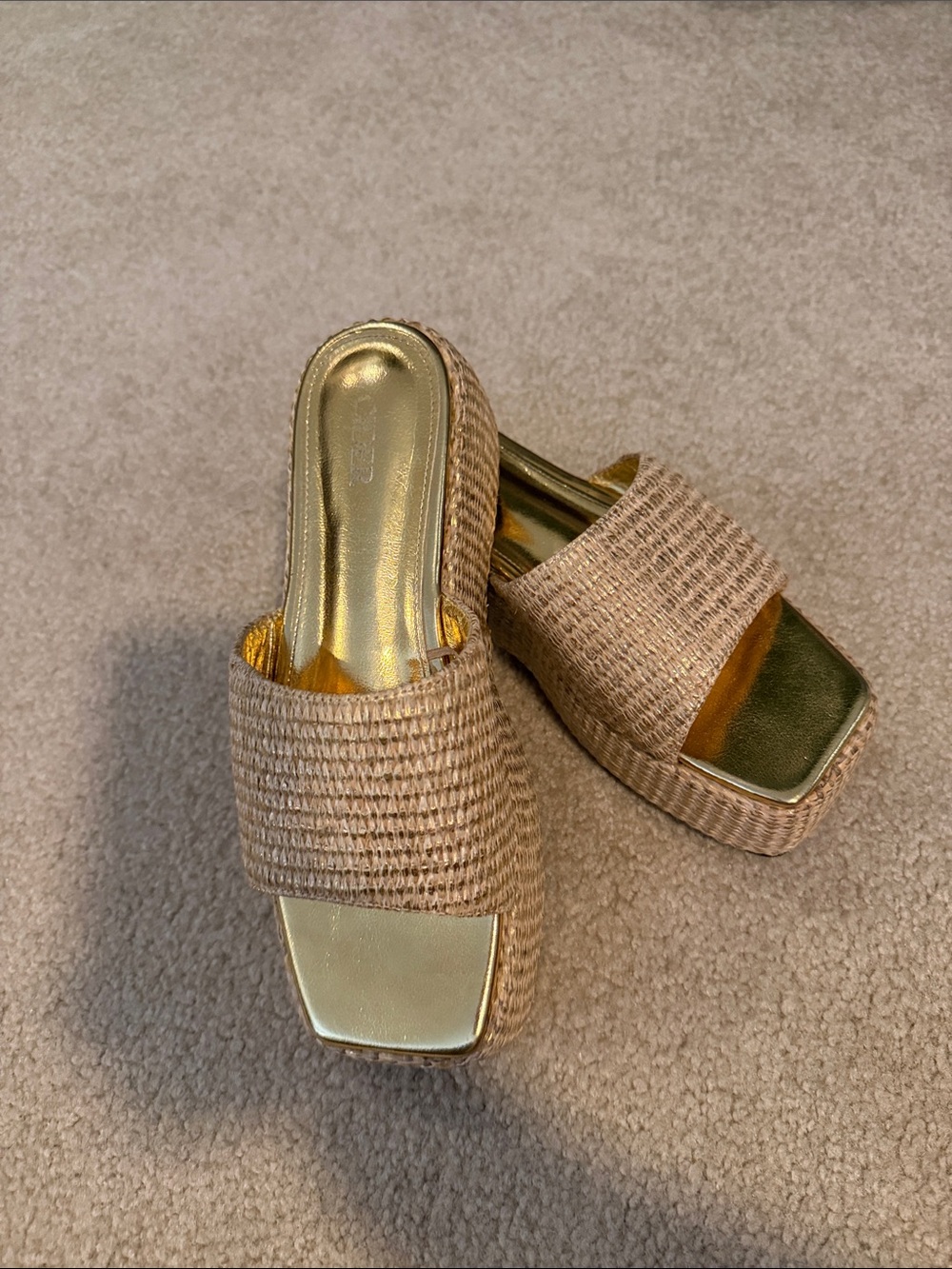 Cider Woven Slide Mules in Natural and Metallic Gold